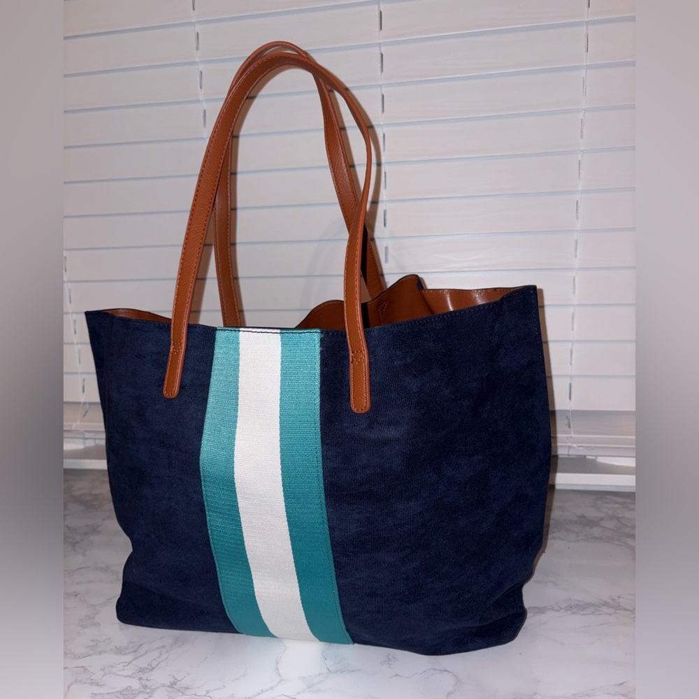 Neiman Marcus Faux Suede Tote Bag Navy Blue with Tan Handles & Teal/White Stripe - Picture 2 of 5
